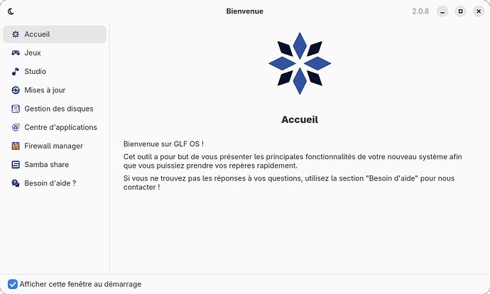L'écran de bienvenue ouvert sur la page Accueil